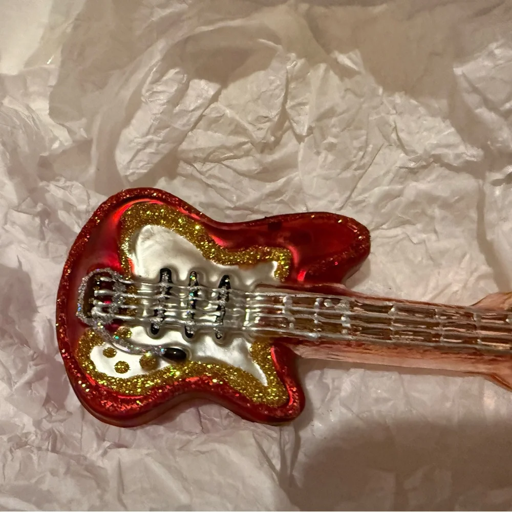 New Vintage West Elm Glitter and Glass Guitar Ornament, -6”,
